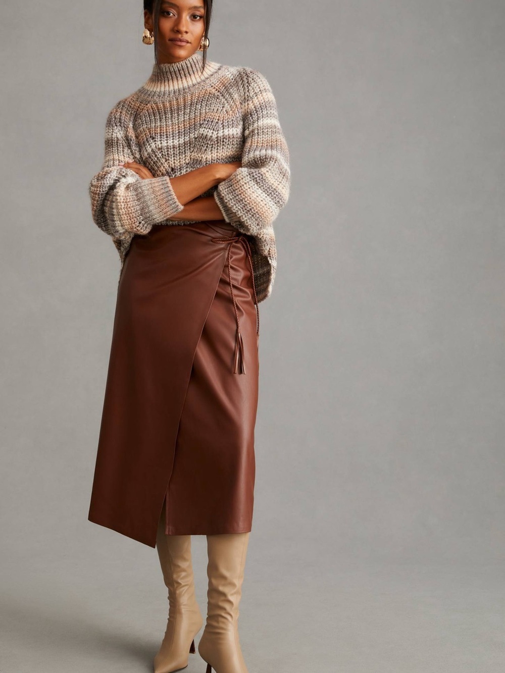 MOTHER It's-A-Wrap Faux Leather Midi Skirt Brown
